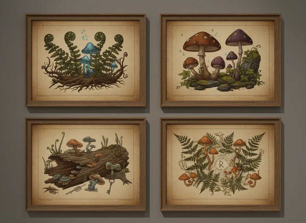 Una vista galleria di quattro diverse stampe botaniche vintage generate dall'AI di felci e funghi, perfette per un tema Goblincore.