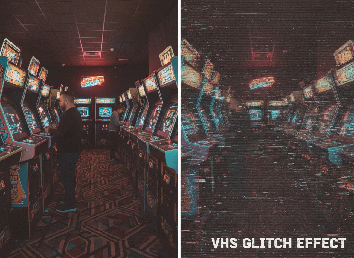 Confronto fianco a fianco che mostra un'immagine pulita e la stessa immagine trasformata da PromeAI con un realistico effetto VHS Glitch e rumore video analogico.