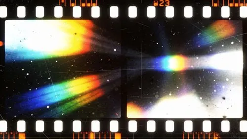 four squares of film are shown with some beams of colored light,filmstrips,film strip,filmstrip,colorful star scatters,diffraction,spectroscopic,film frames,diffracted,diffract,spectra,spectrograph,li