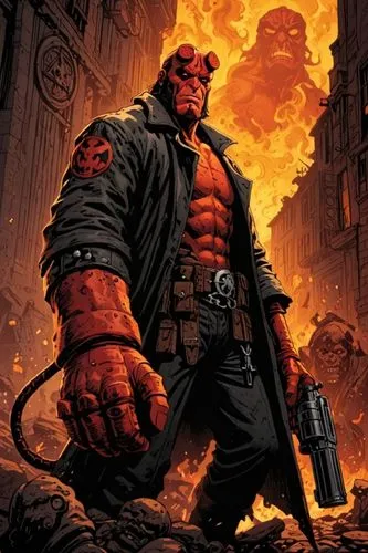 COMIC STYLE, COMIC ART,
HELLBOY
Tuschelinien, Schatten, dynamische Linienführung, 2000's Comic‑Look, slim black ink outline,a hell - man is standing in front of a huge flames and buildings,red hood,g