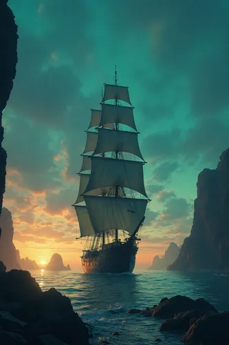 a sail ship in the water at sunset,sail ship,sea sailing ship,sailing ship,tall ship,sailing ships,tallship,pirate ship,galleon,three masted sailing ship,sailing boat,caravel,voyaging,fantasy picture,