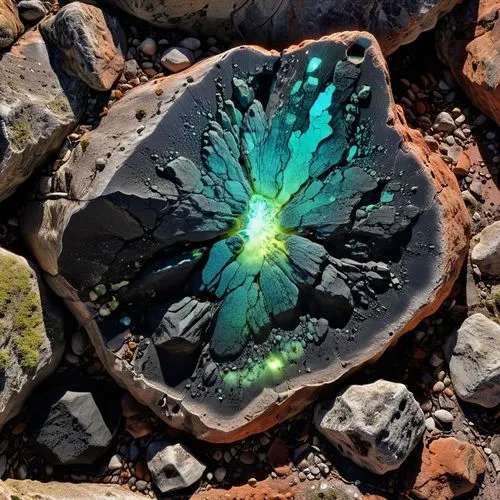 roccia spaccata , lavorata e levigata di colore nero, con all'interno minerali fluorescenti,green butterfly surrounded by large rocks on the ground,healing stone,opal,tektite,olivine,colored rock,beac