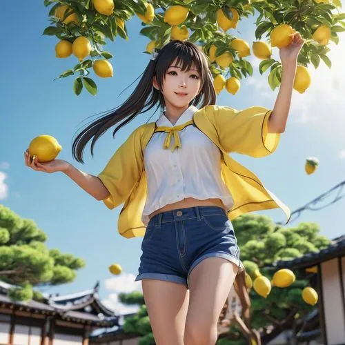 flying anime character,japanese style,girl,lemons,anime girl standing in front of a lemon tree holding two oranges,lemon background,yuzu,citrus,lemon,mikan,lemon lemon,Photography,General,Realistic