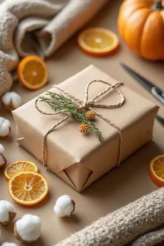 A beautifully wrapped gift with brown paper, dried orange slices, and cotton balls scattered around it on the table, surrounded by scissors, fabric rolls, and other craft materials. The background is 