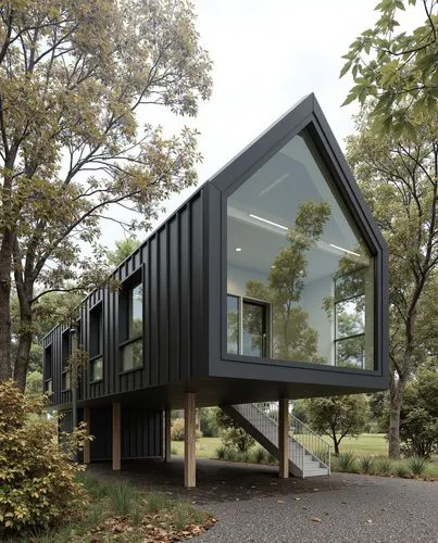 A modern elevated house with a pitched roof, set among autumnal trees, featuring large glass windows and a dark metal exterior, with a gravel driveway and minimalistic staircase leading to the entranc
