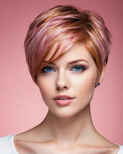 young woman, beautiful short pixie cut strawberry blonde with pink highlights, blue eyes,a close up view of a short pink haircut,natural pink,short blond hair,natural color,aelita,shorthair,pink beaut