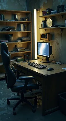 A dimly lit, run-down gaming setup in a neglected Taiwanese room.a scratched, worn-out wooden desk, surrounded by peeling, stained concrete walls. The fluorescent tube light above ㄍceiling casts a col