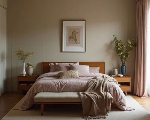 interior design,a bedroom has an elegant bed with beige sheets and pillows,bedroom,bedstead,danish room,guest room,guestroom,bed linen,Photography,Documentary Photography,Documentary Photography 01
