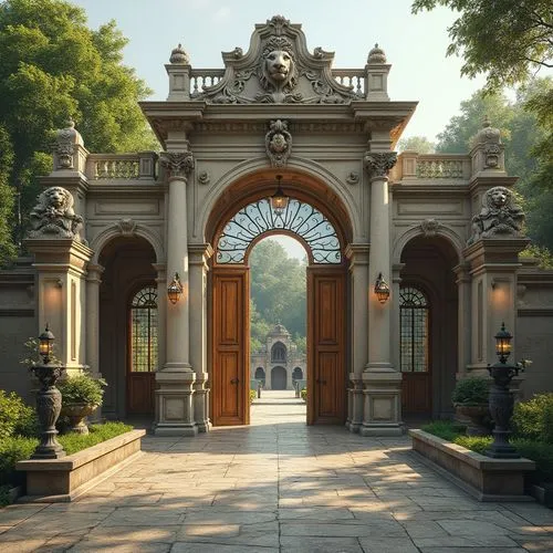 Elegant zoo entrance, grandiose archways, ornate stone carvings, majestic lions' heads, intricate metalwork, rustic wooden doors, vintage lanterns, classic European architecture, symmetrical facades, 
