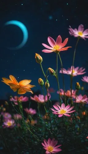 夜晚的花朵，上面有新月和星星, a 数字绘画 by Yang J, 艺术站, 数字艺术, 发光 flowers, 🌺 CG社会, 发光花朵, 柔软的花朵, 发光 delicate flower, 神奇的花, 发光, 洛伊什和沃洛普, 发光 lights! 数字绘画, 罗斯·陈. 风景背景, 发光 neon flowers, 美丽的花,fairy galaxy,colorful stars,cos