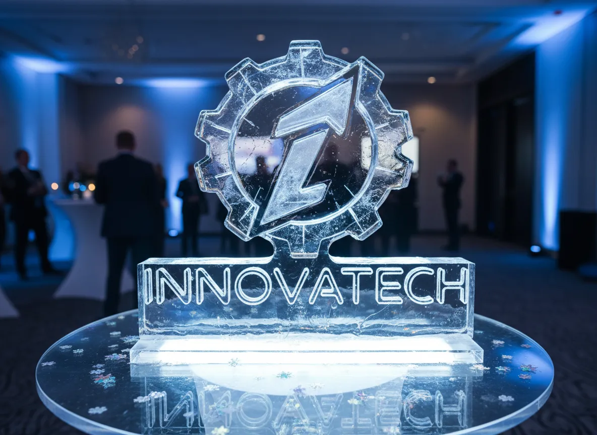 Un'immagine generata dall'AI del logo di un'azienda perfettamente renderizzato come una scultura di ghiaccio alta un metro su un tavolo da esposizione.