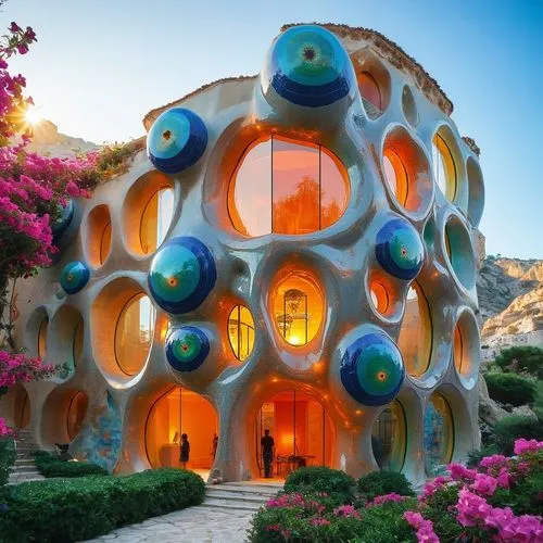 Behind the building, place a serene Mediterranean coastal scene with rugged cliffs leading to a crystal-clear blue sea. Add small fishing boats floating on the water, and sandy coves with sun-drenched