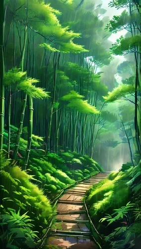 There is a path with trees and grass around it, rain, anime nature wallpap, nature wallpaper, landscape artwork, anime nature, dense forest in Japan, beautiful digital painting, 4K digital painting, 4