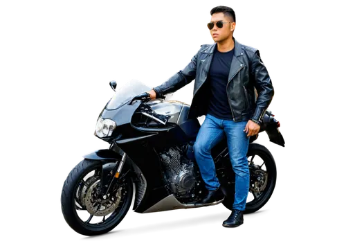 Motorbike, shiny metallic body, sleek design, bold headlights, detailed wheels, speedometer, leather seats, cool rider, helmet, sunglasses, strong muscles, jacket, jeans, boots, standing pose, leaning