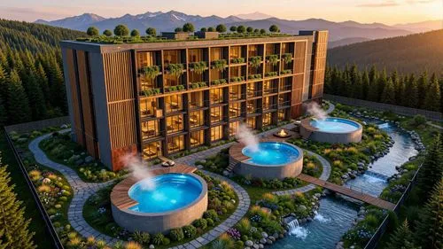 Aerial architectural photography, adaptive reuse of a brutalist industrial factory into a luxury eco-sanatorium wellness resort, Alaverdi mountains background. When generating, be sure to keep all ext