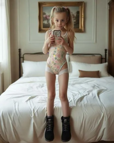 home alone taking selfies,a girl in a panties taking a selfie,photographing children,little girl,young girl,little girl dresses,knee-high socks,a girl with a camera,the little girl,children is clothin