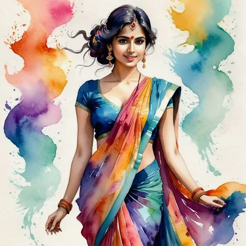 A beautiful 26 year old woman in a flowing, colorful sari. Low cut. Flirty.
,a painting of a woman with a colorful sari,sarees,sari,saree,paithani saree,shobana,watercolor women accessory,savithri,wed