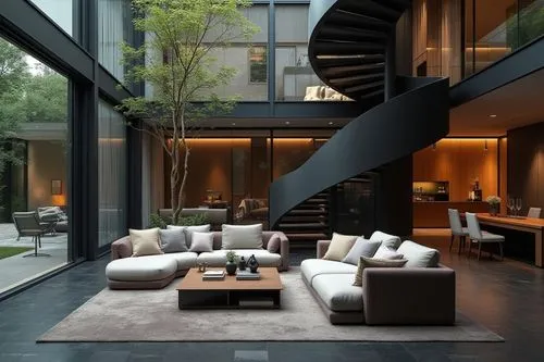 Italian Modern interior design in the style of aesthetics, Poliform Furniture style，Premium and Luxury， Exquisite, modern， large windows， The living room is adorned with elegant sofa sets, Large space