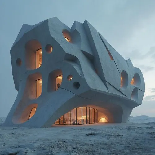 A detailed rendering of a circular building made of glass and metal materials, positioned on the lunar surface for astronaut habitation, with intricate architectural designs and advanced structural el