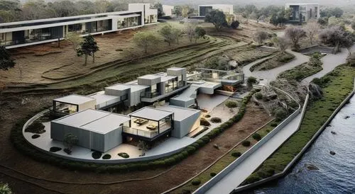 this modern building looks like it is floating in the air,modern architecture,cube stilt houses,futuristic architecture,bjarke,landscaped,ecotopia,ecovillages,residential,arquitectonica,urban design,h