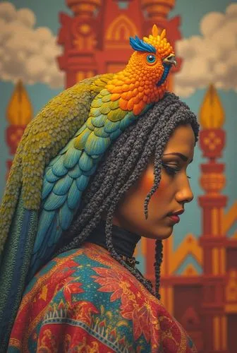 a woman with braids standing in front of a bird,peacock,raja,blue parrot,colorful birds,fairy peacock,body painting,the festival of colors,ornamental bird,blue peacock,bird kingdom,bohemian art,exotic