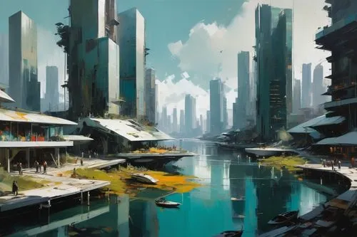  Game Scene, Wild angle view  Game Scene, Wild angle view a beautiful utopia  futuristic city, on the lake shore, modern  buildings,a view of city skylines with skyscrs and boats,futuristic landscape,