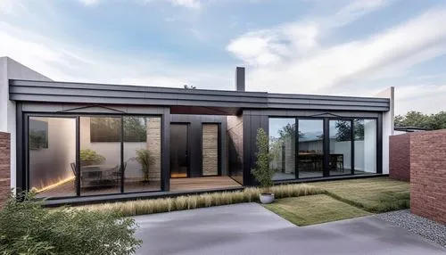 a small, modern style house with glass doors,3d rendering,modern house,render,revit,sketchup,frame house,renders,conservatories,folding roof,sunroom,rendered,mid century house,core renovation,landscap