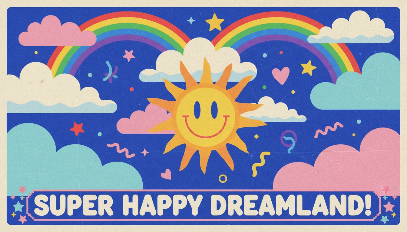 Un vivace poster Kidcore generato dall'AI con nuvole in stile cartone animato, arcobaleni e un sole sorridente su un cielo azzurro.