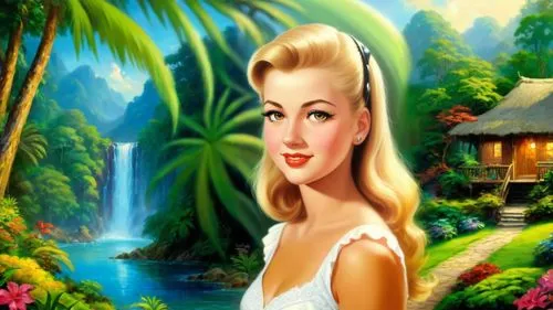 Romantic masterpiece oil painting, beautiful girl portrait, nostalgic 1950's style kitsch, vibrant rainforest bungalow landscape, lush tropical jungle paradise, summer beach scenery, by Thomas Kinkade