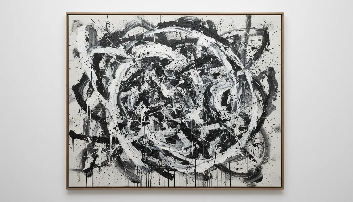 Ein kraftvolles Gemälde des Abstrakten Expressionismus, erstellt von PromeAI, das dynamische schwarz-weiße gestische Abstraktion auf einer texturierten Leinwand zeigt.