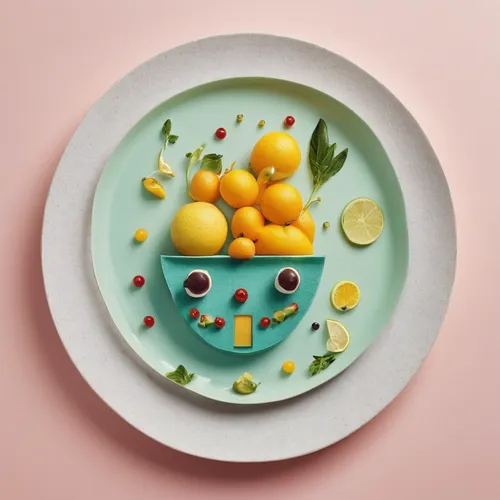 Experiment with playful food styling and whimsical presentation,fruit icons,fruit plate,salad plate,food styling,fruits icons,food collage,food icons,fruit bowl,citrus food,crudités,vintage dishes,bre