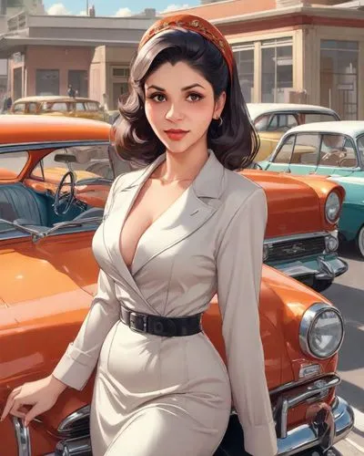 an image of a cartoon woman on a motorcycle in front of a car,retro woman,retro girl,retro women,edsel,50's style,model years 1960-63