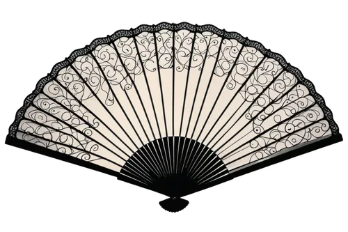 Black and white fan, ornate metal frame, delicate lace details, intricate patterns, curved shape, open blades, subtle shading, soft focus, 3/4 composition, warm monochrome tone, cinematic lighting.,de
