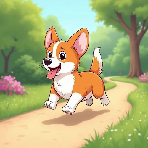 A cheerful cartoon illustration of a happy Pembroke Welsh Corgi (red and white) enthusiastically running along a path in a sunny park. The Corgi has its tongue out and a joyful expression. The park se