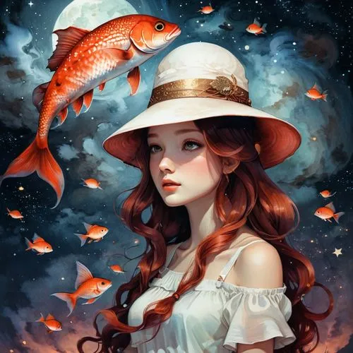 A detailed digital illustration of a great red fish in the night sky. The focal point is the large brown scales of the fish, with the human hand on the roof and the woman who wears a white hat sitting