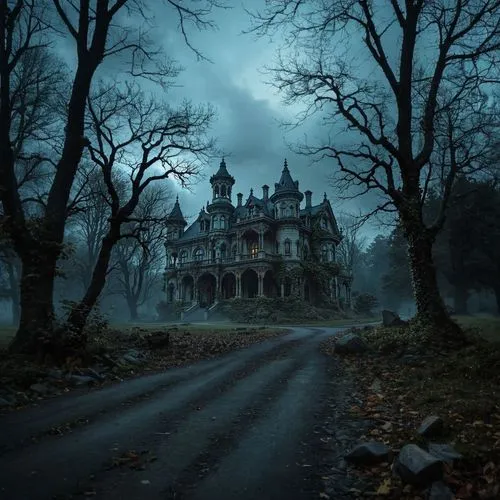 the house in the night is empty and it's on the ground,the haunted house,haunted house,haunted castle,ghost castle,creepy house,witch's house,abandoned house,witch house,house in the forest,haunted,fa