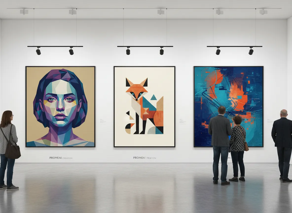 PromeAI की विविध कृतियों की एक गैलरी: एक Low Poly पोर्ट्रेट, एक मिनिमलिस्ट ज्यामितीय जानवर, और एक अमूर्त पृष्ठभूमि।