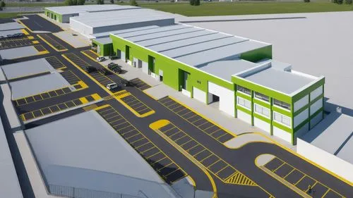 “Render arquitectónico de un complejo industrial moderno que incluye bodegas con techos de lámina metálica blanca y fachadas con detalles en verde y negro. El diseño presenta amplios espacios para est