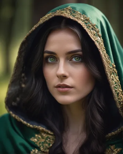 Make a beautiful female with a black long hair and green eyes, make her dressing a medieval dress and a cloak,celtic queen,fantasy portrait,the enchantress,elven,fae,sorceress,celtic woman,violet head