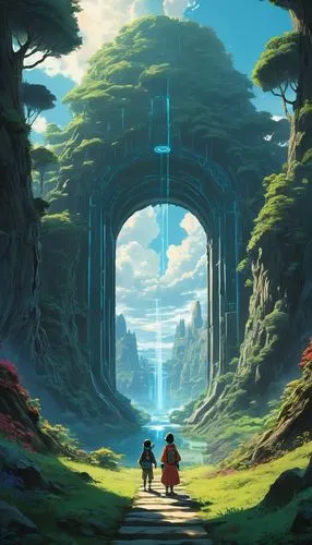 Game Scene Design, wild Angle View,explorers,gateway,heaven gate,ghibli,hoenn,fantasy landscape,journeys,travelers,journey,exploration,the mystical path,wander,futuristic landscape,thatgamecompany,cha