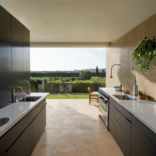 cocina minimalista,a kitchen is shown with a sliding door leading to an outdoor patio,tile kitchen,modern kitchen interior,modern kitchen,kitchen design,kitchens,kitchen interior,modern minimalist kit
