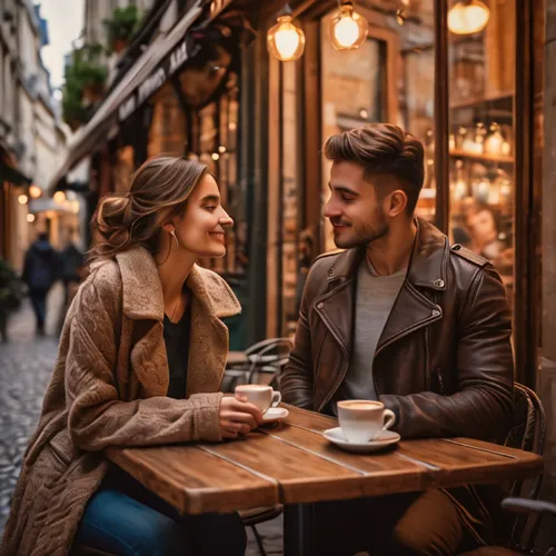 A cozy coffee shop nestled in a Parisian alley, where the aroma of love brews in every cup as the young couple gets lost in each other's eyes. 8k,parisian coffee,coffee background,a buy me a coffee,vi