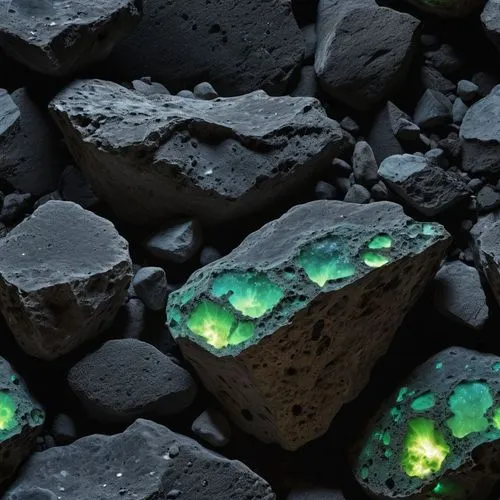 roccia spaccata nera con all'interno minerali  fluorescenti,a couple of rocks that have glow on them,lava stones,stone background,opals,colored stones,olivine,colored rock,peristaltic,thermoluminescen