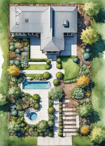 (watercolor:1.2) (construction plan:1.3) of multiple isolated landscaping elements, warm tone rendering, a digital rendering, trending on Behance, award winning, awe-inspiring. award winning design (a