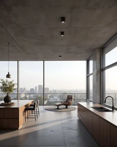 A minimalist, luxurious kitchen and dining area with sleek cabinetry and countertops, , while the dining area includes a long, elegant table with and luxurious chairs. The space is illuminated by mode