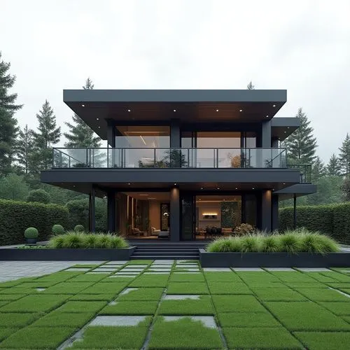 A sleek, contemporary two-story home composed of clean, geometric lines and a sophisticated monochromatic palette of charcoal, graphite, and soft gray. The façade features large windows framed by slim