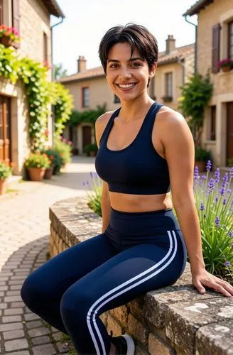 A 38-year-old latin woman  of Mexican descent. She has  a gentle . Athletic and in great shape, she has a look that is both feminine and sporty. She is wearing sportswear. She is sitting on a low wall
