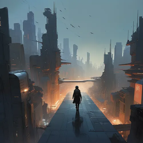 Game Scene Design,  a person wandering a City,transistor,wanderer,cityscape,futuristic landscape,ancient city,destroyed city,the wanderer,girl walking away,sci fiction illustration,dystopian,fantasy c