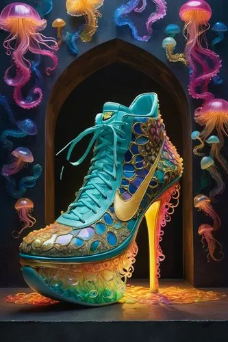 a stunning interpretation of nike shoe sneaker, made of jellyfish, advertsiement, solarpunk, highly detailed and intricate, golden ratio, very colorful, Drag Queen, hypermaximalist, ornate, luxury, hi
