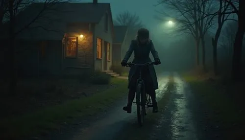 dark random scene from horror movie,country,rednex,old woman on bike,woman riding her bike in the dark night, on a narrow road,woman bicycle,bicycle ride,bicycle,bicyclist,bicycling,bicycle riding
